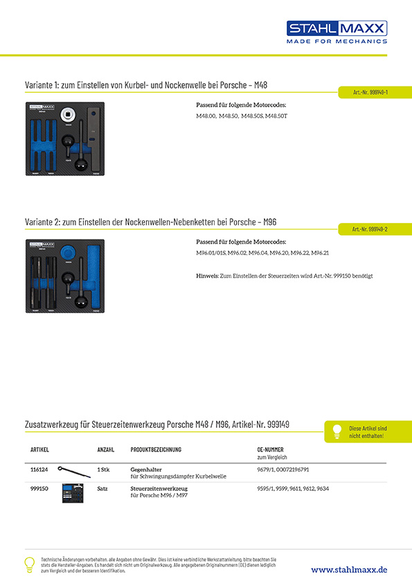 Varianten und Zusatzwerkzeug Spezialwerkzeug für Porsche M48, M96