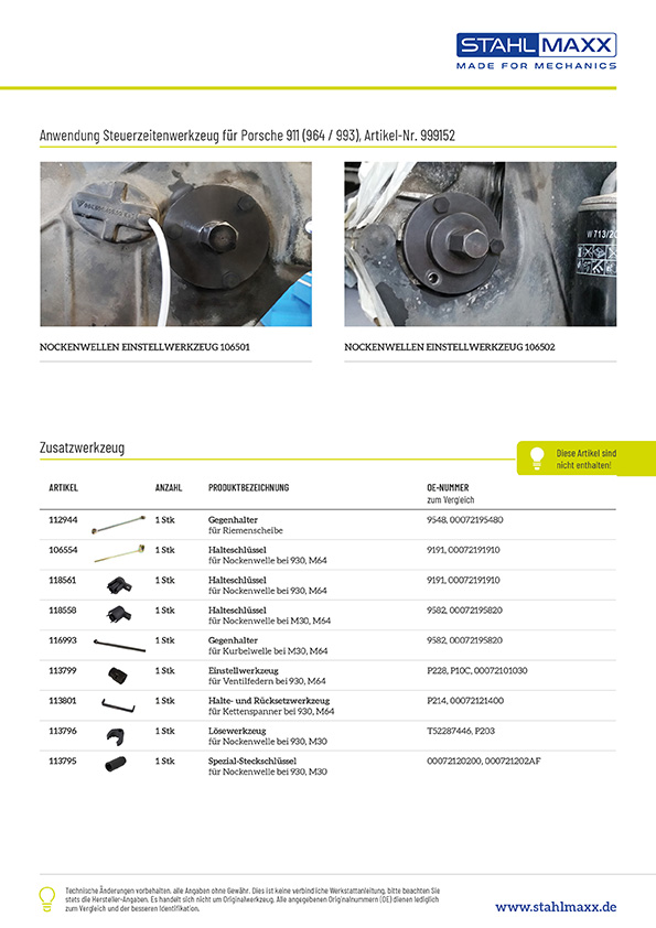 Anwendung und Zusatzwerkzeug Steuerzeitenwerkzeug für Porsche 911 (964, 993), 3.3L, 3.6L, 3.8L mit M30, M64 Motor