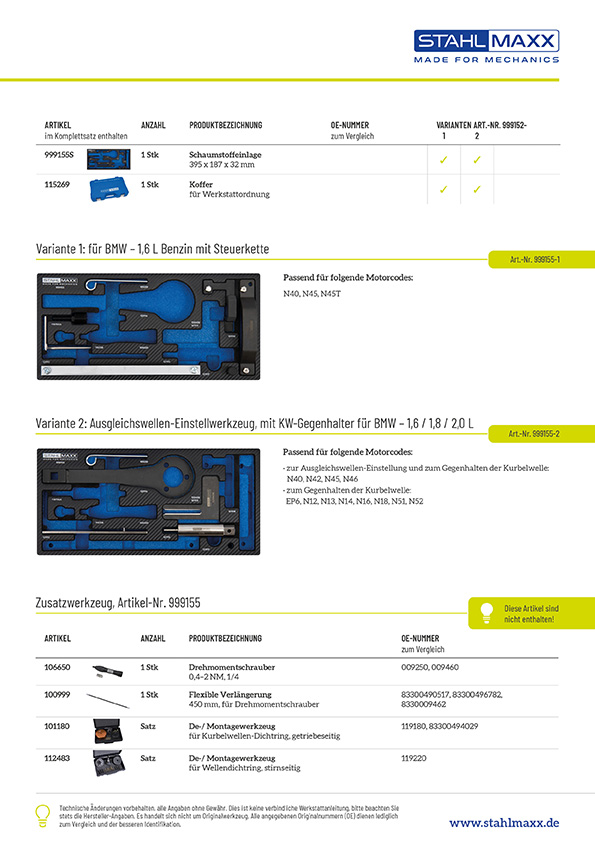 Steuerzeitenwerkzeug und Zusatzwerkzeug für BMW - 1,6 / 1,8 / 2,0L N40 / N42 / N45 / N46 mit Steuerkette