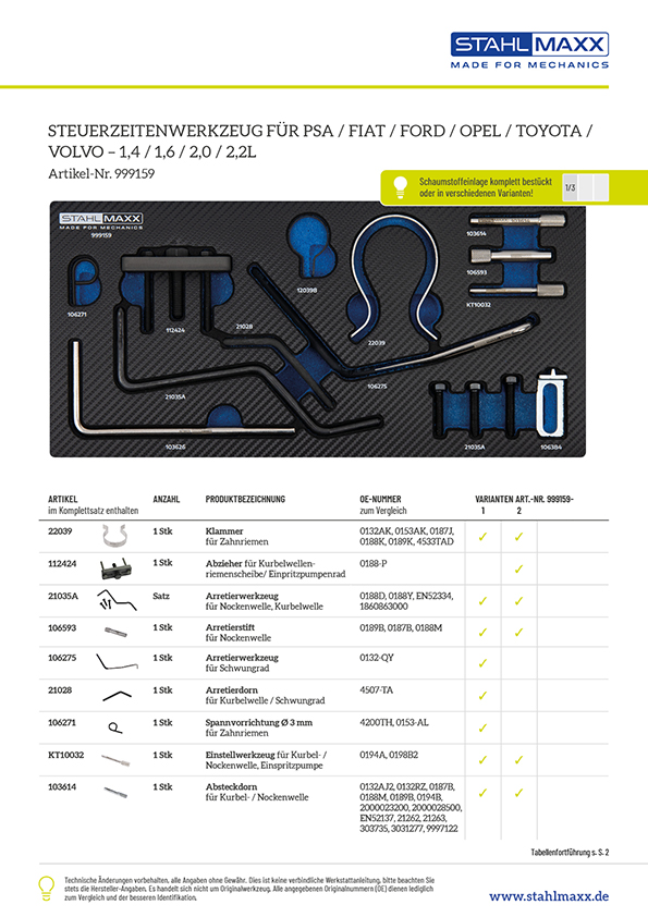 Steuerzeitenwerkzeug für Peugeot, Citroen, Fiat, Ford, Opel, Toyota, Volvo 1,4 / 1,6 / 2,0 / 2,2 Liter
