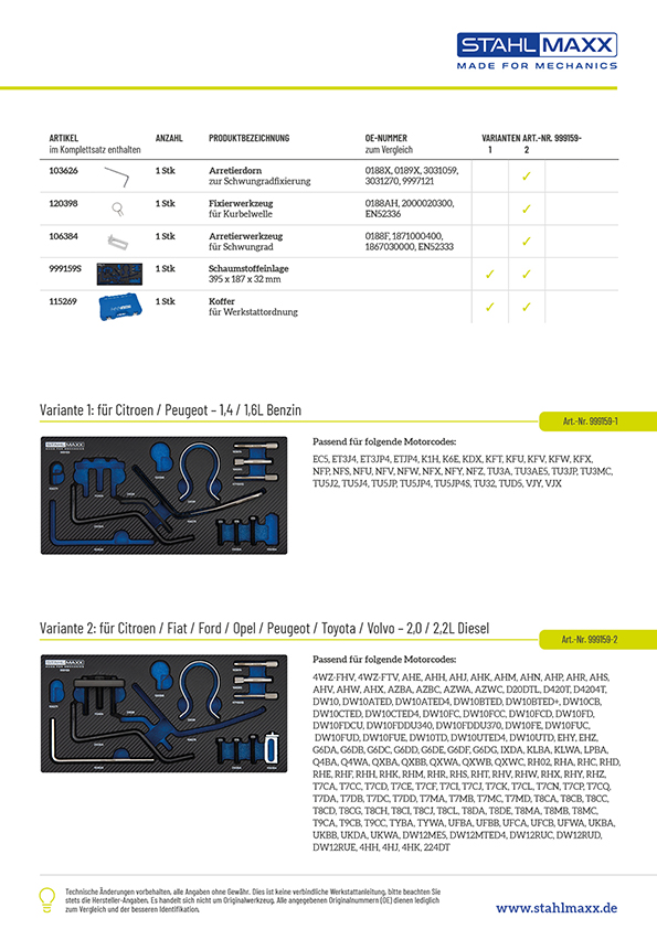 Varianten Steuerzeitenwerkzeug für Peugeot, Citroen, Fiat, Ford, Opel, Toyota, Volvo 1,4 / 1,6 / 2,0 / 2,2 Liter