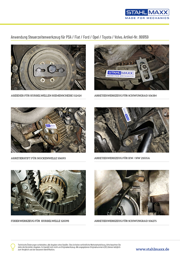 Anwendung Steuerzeitenwerkzeug für Peugeot, Citroen, Fiat, Ford, Opel, Toyota, Volvo 1,4 / 1,6 / 2,0 / 2,2 Liter