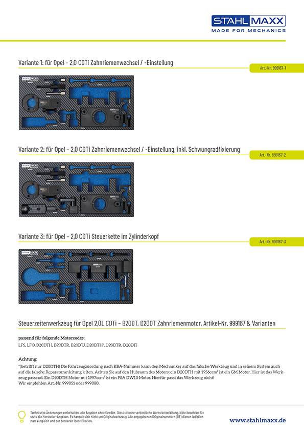 Varianten Steuerzeitenwerkzeug für Opel CDTI B20DT, D20DT Zahnriemenmotor