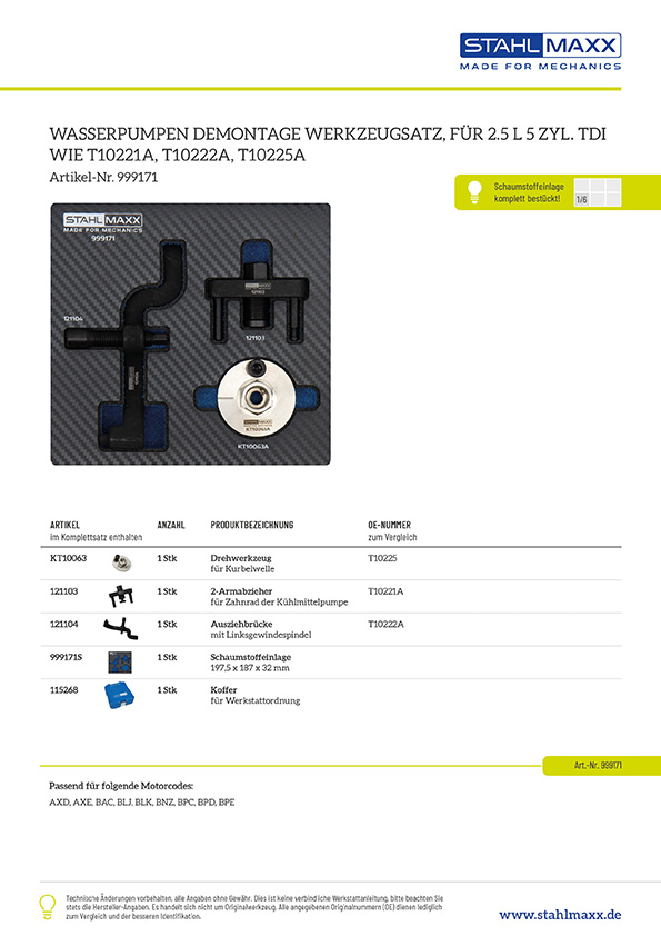 Wasserpumpenwerkzeug für VW 2,5L 5-Zylinder TDI, wie T10221A, T10222A, T10225A
