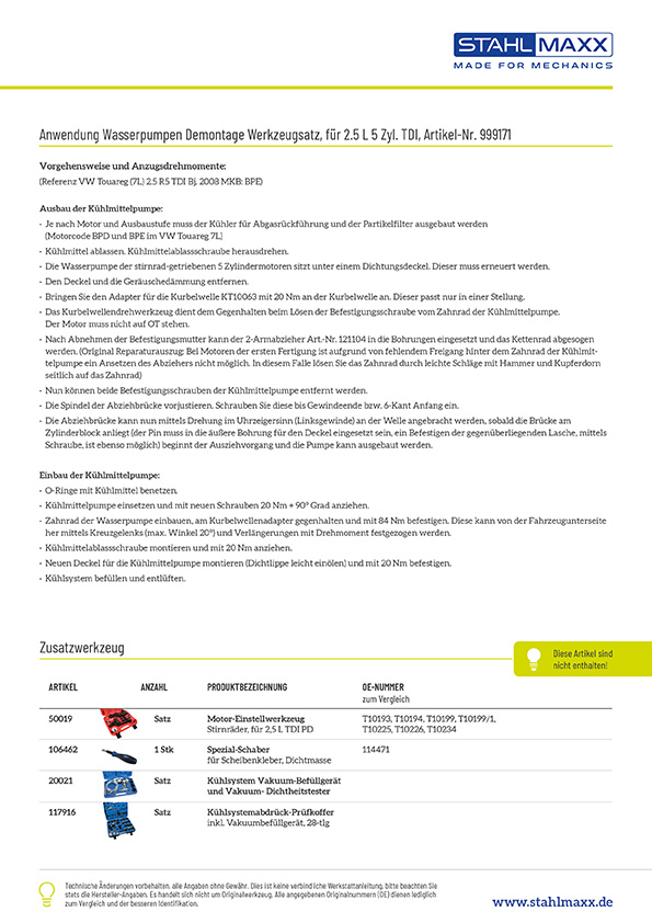 Anwendung und Zusatzwerkzeug Wasserpumpenwerkzeug für VW 2,5L 5-Zylinder TDI, wie T10221A, T10222A, T10225A