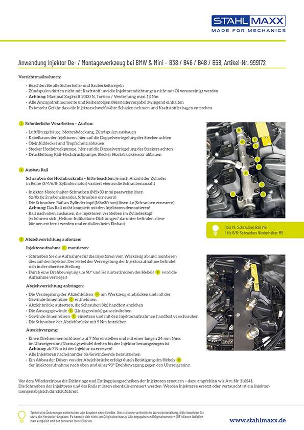 Anwendung Injektor De-/Montagewerkzeug für Direkteinspritzer bei BMW, Mini B38, B46, B48, B58