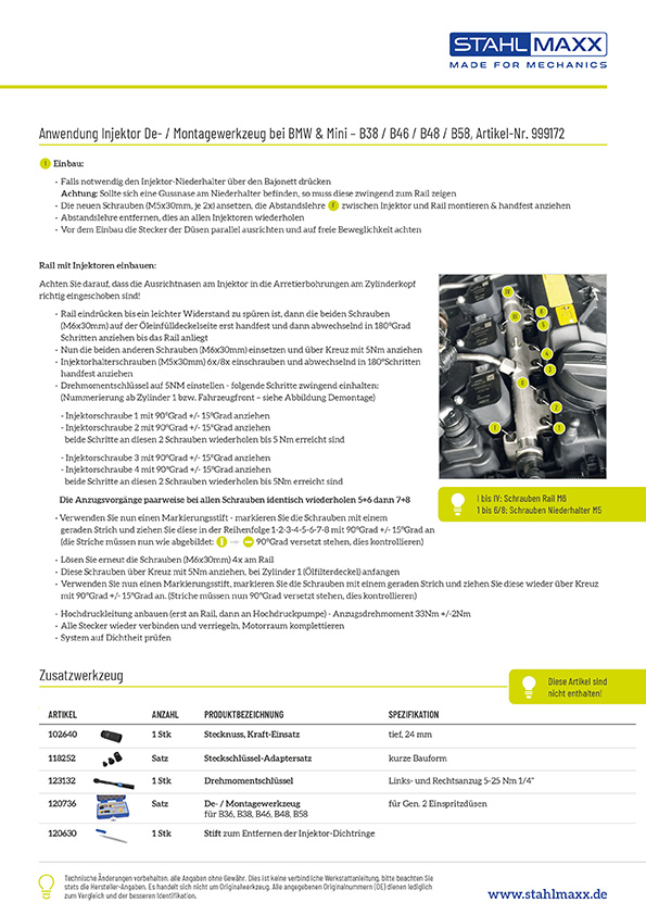 Anwendung Injektor De-/Montagewerkzeug für Direkteinspritzer bei BMW, Mini B38, B46, B48, B58