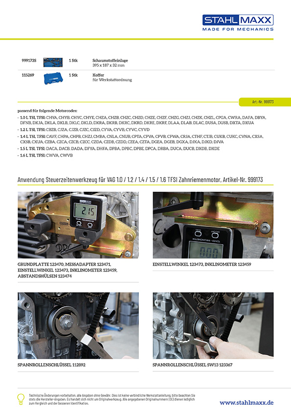 Anwendung Steuerzeitenwerkzeug für VAG 1.0 / 1.2 / 1.4 / 1.5 / 1.6 TFSI Zahnriemenmotor, wie VAG 611007