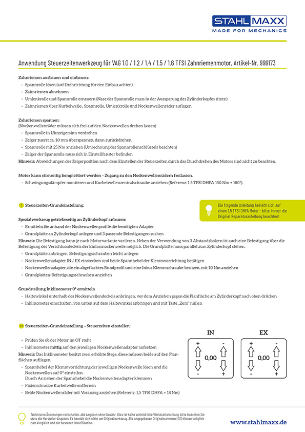Anwendung Steuerzeitenwerkzeug für VAG 1.0 / 1.2 / 1.4 / 1.5 / 1.6 TFSI Zahnriemenmotor, wie VAG 611007