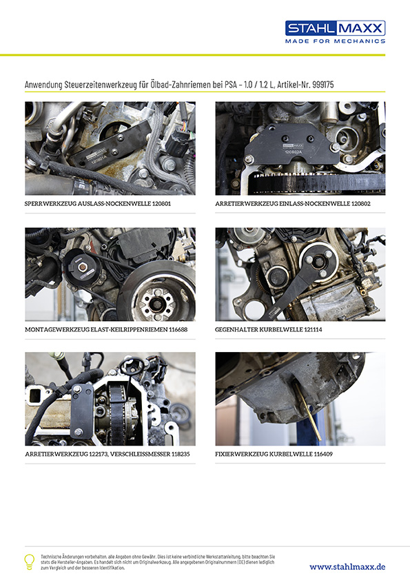 Anwendungsbilder Steuerzeitenwerkzeug &Ouml;lbad-Zahnriemen bei Peugeot, Citroen, Opel, Toyota - 1.0 1.2L