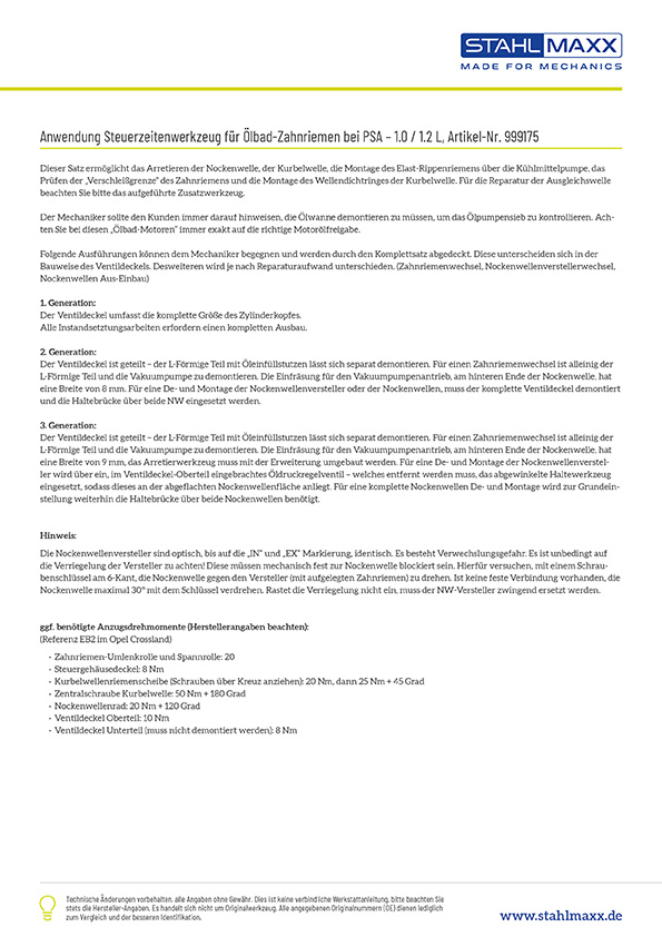 Anwendung Steuerzeitenwerkzeug &Ouml;lbad-Zahnriemen bei Peugeot, Citroen, Opel, Toyota - 1.0 1.2L