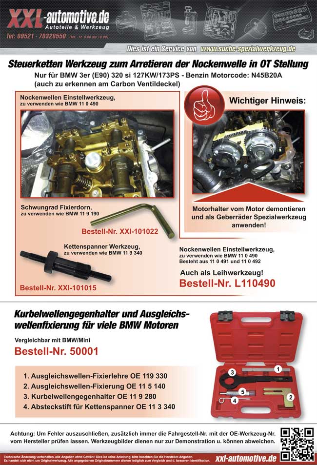 Zuordnungsliste für das Spezialwerkzeug BMW N45B20A mit Carbondeckel