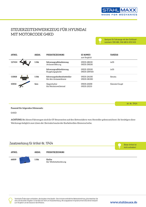 Steuerzeiten Werkzeugsatz Hyundai mit Motorcode G4KD
