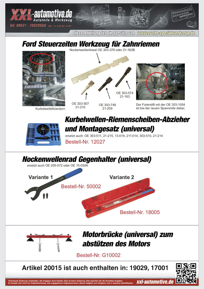 Zuordnungsliste für Ford Steuerzeiten-Werkzeug