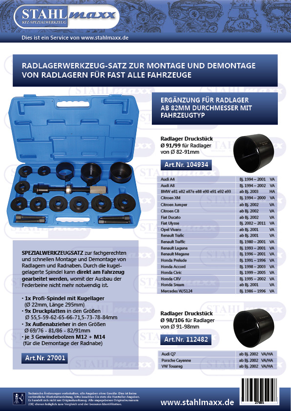 Ergänzung Radlager ab 82mm Audi A4, A8, BMW, Citroen