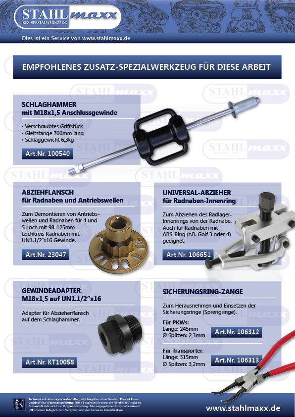 Zubehör Schlaghammer, Gewindeadapter, Radnaben Abziehflansch, Innenring Abzieher, Sicherungsring Zange