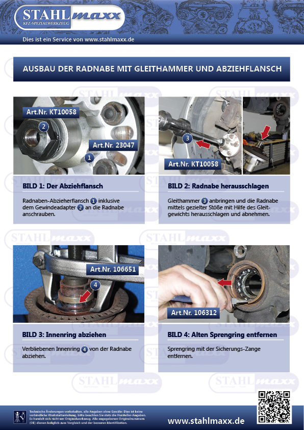 Radnabe mit Abziehflansch ausschlagen, Innenring abziehen, Sprengring entfernen